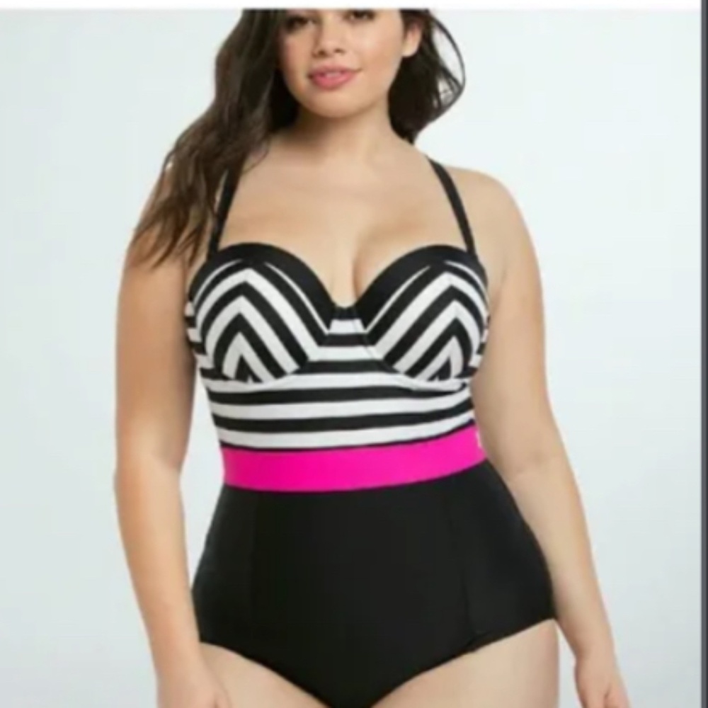 Torrid Black/Pink/White striped Bathing Suit size 2